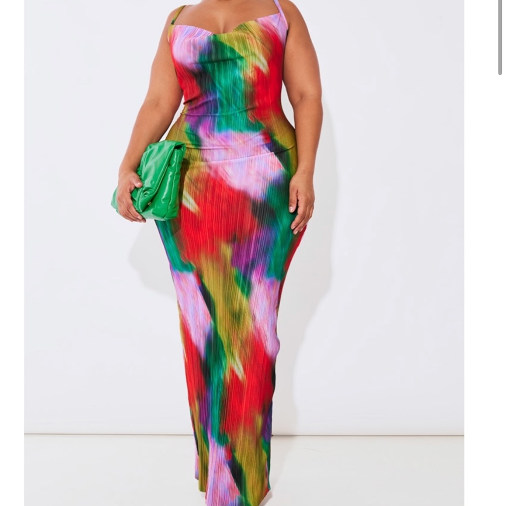 Plus Multi Printed Plisse Cowl Neck Maxi Dress